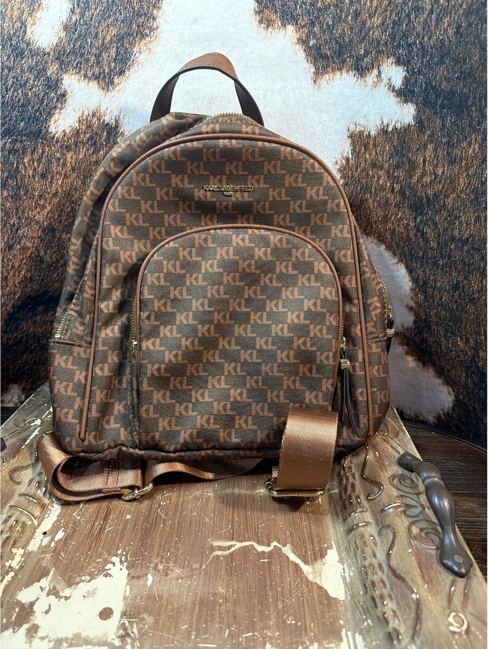 Karl Lagerfeld Brown Monogram KL Logo Backpack